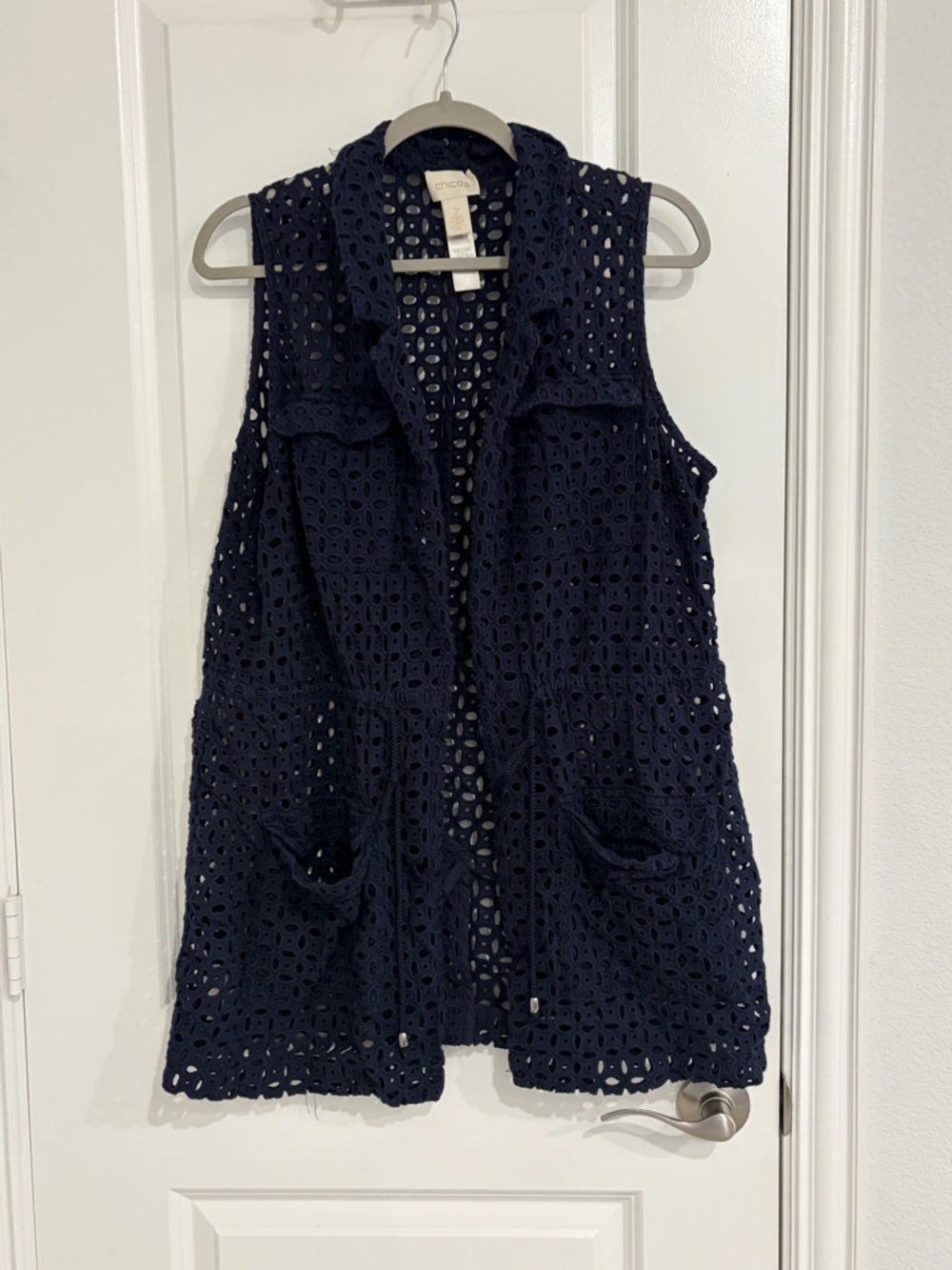 Chicos Crochet Openwork Navy Vest